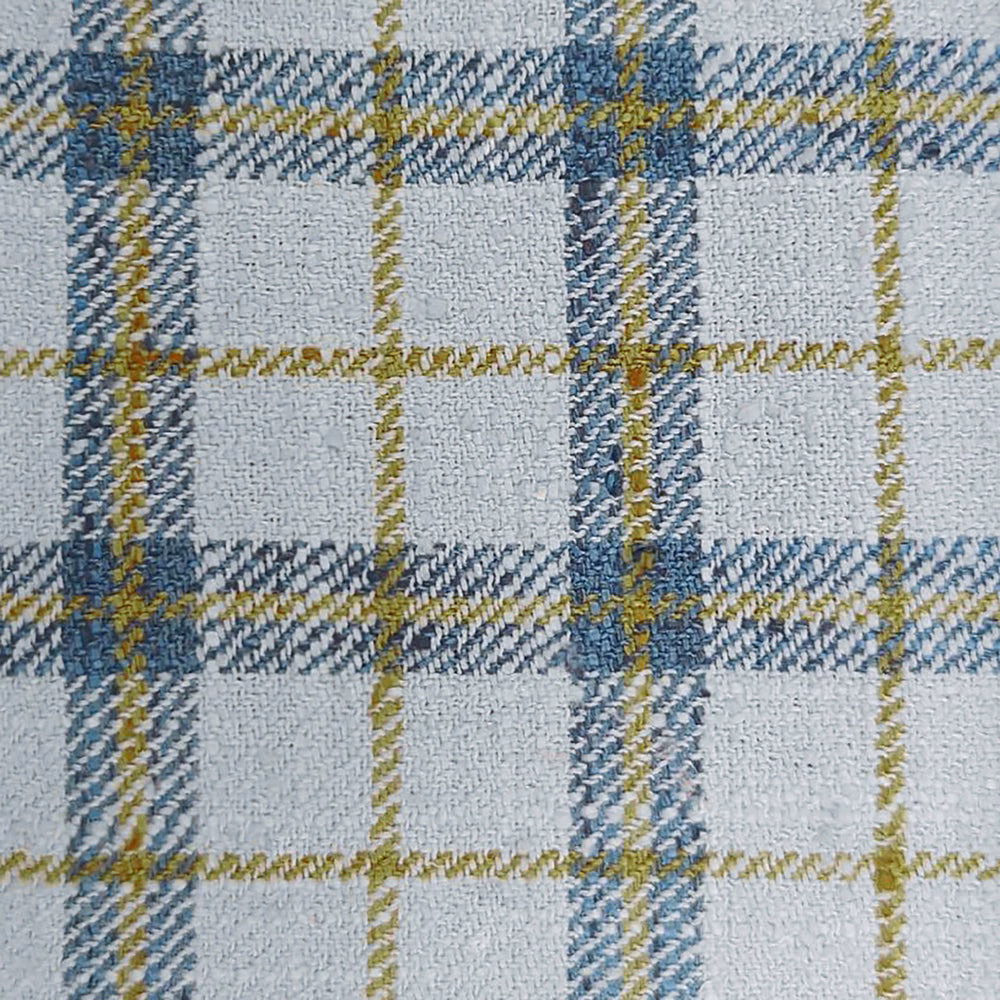 Close-up of a blue, white and mustard checked woven fabric swatch
