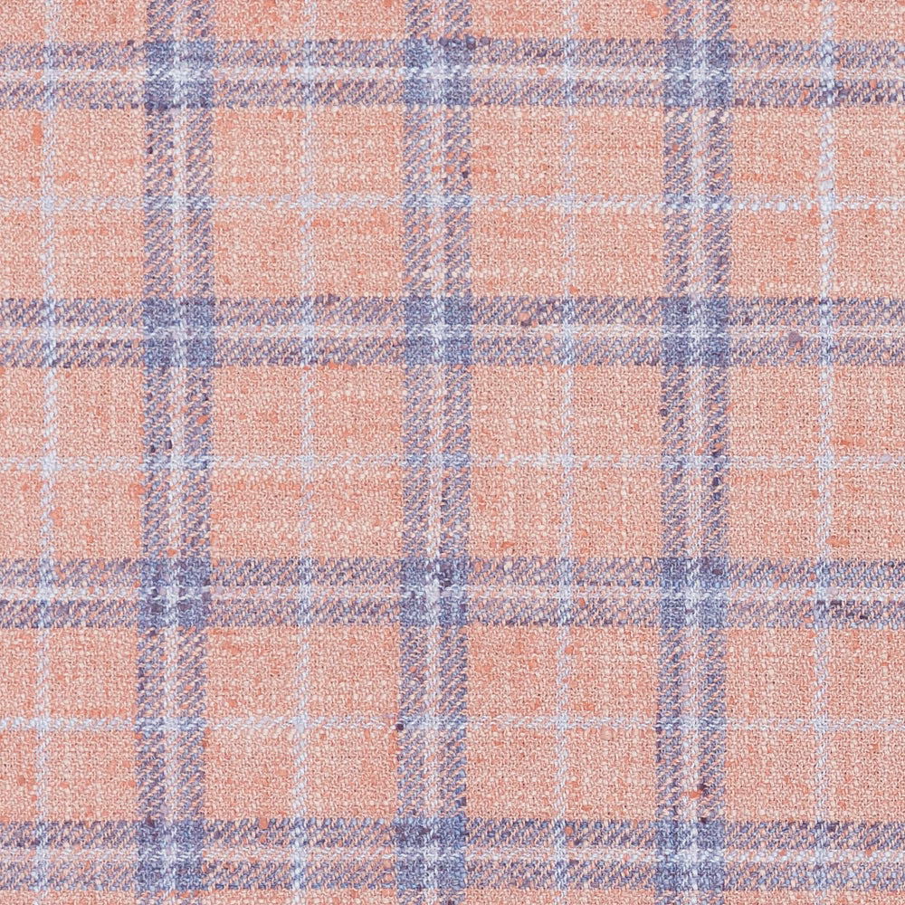 Blush pink plaid fabric with lilac-grey intersecting checks and a soft woven texture