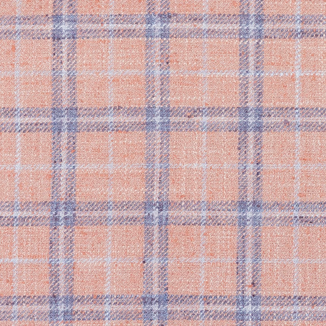 Blush pink plaid fabric with lilac-grey intersecting checks and a soft woven texture