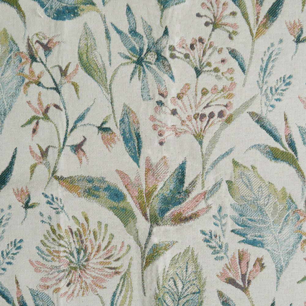 Painterly sage green botanical fabric on a pale ground with teal and blush leaves