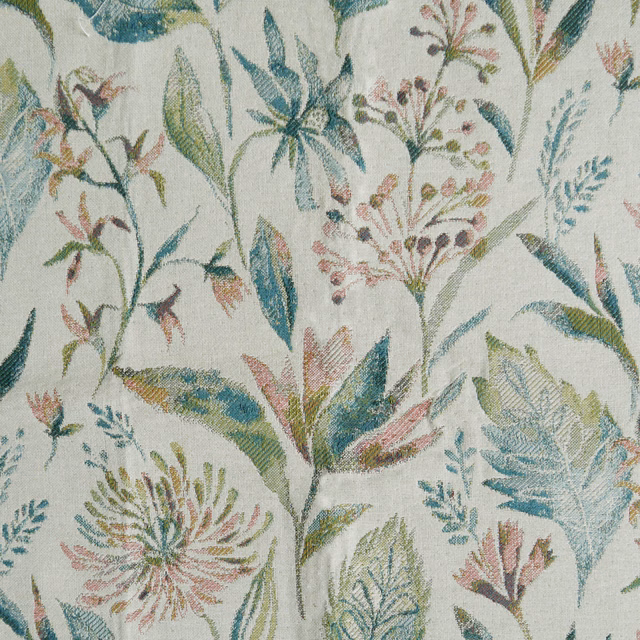 Painterly sage green botanical fabric on a pale ground with teal and blush leaves