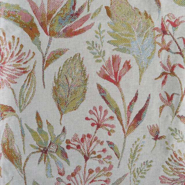Botanical fabric swatch with elder red, green and blue leaf motifs on a pale ground
