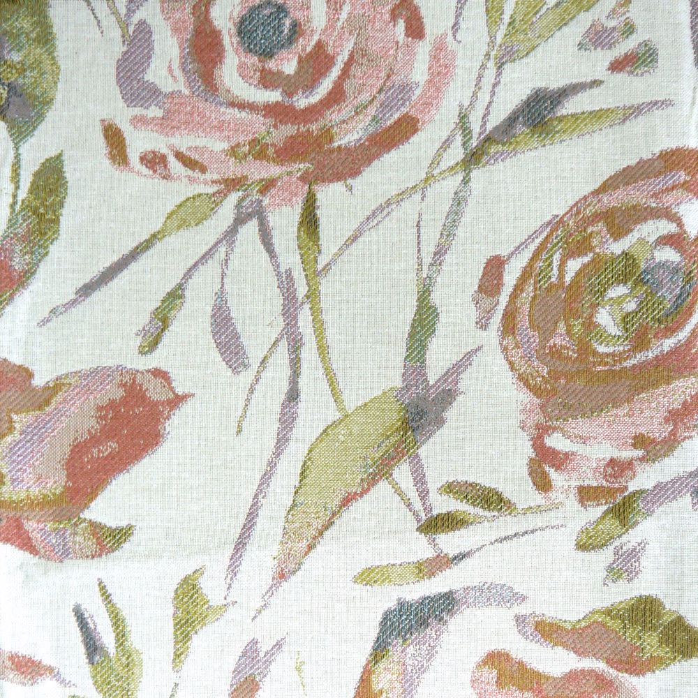Painterly floral fabric with warm apricot roses, olive leaves and pale ground