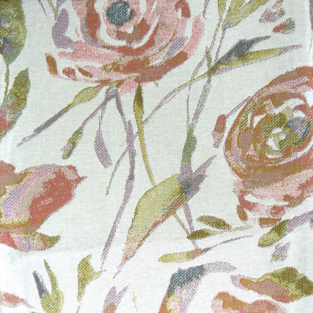 Painterly floral fabric with warm apricot roses, olive leaves and pale ground