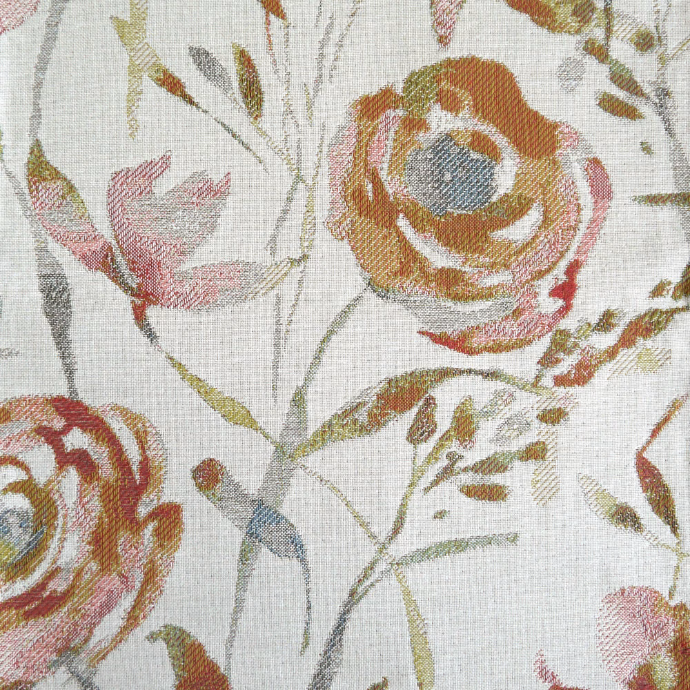Painterly floral woven fabric with blush pink, rust and sage on an ivory ground