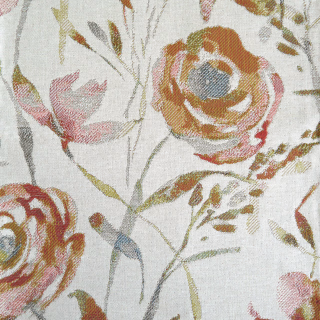 Painterly floral woven fabric with blush pink, rust and sage on an ivory ground