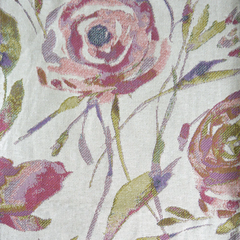 Large painterly floral fabric in lilac, rose, olive and plum on an ivory ground