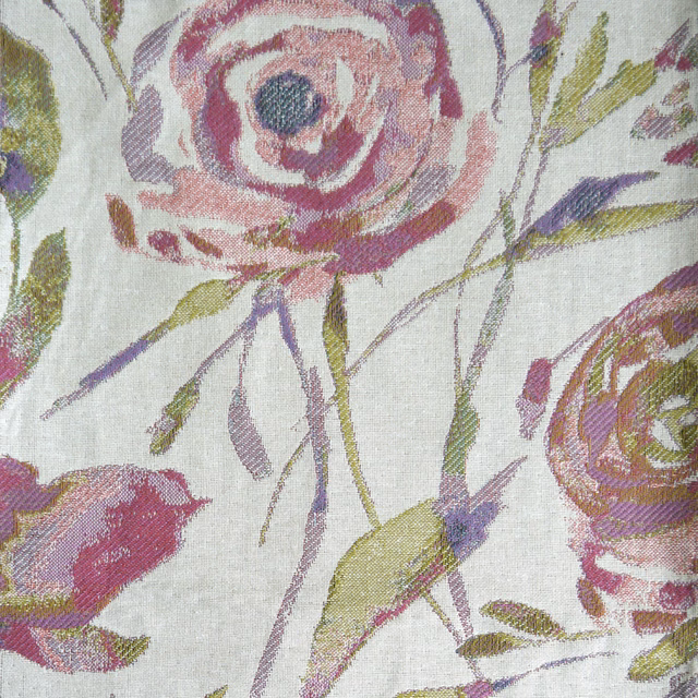 Large painterly floral fabric in lilac, rose, olive and plum on an ivory ground