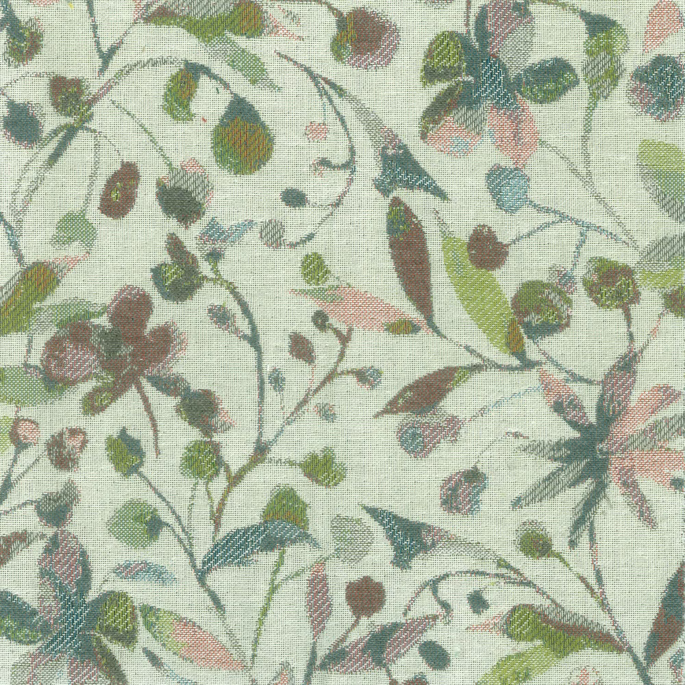 Botanical weave fabric with soft sage ground and muted leaf motifs
