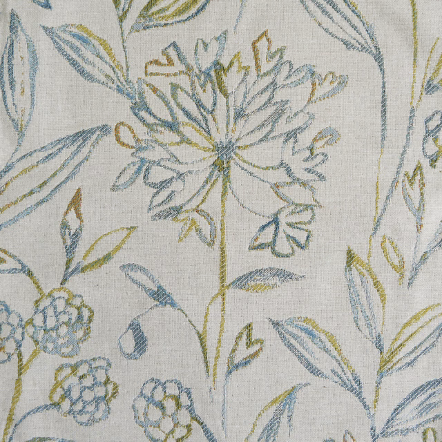 Pale woven floral fabric with soft blue and sage stems on an ivory ground