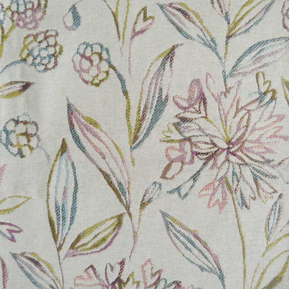 Cream woven fabric with multicoloured sketchy botanical leaf and flower motifs