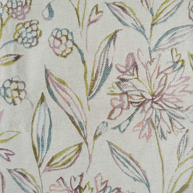 Cream woven fabric with multicoloured sketchy botanical leaf and flower motifs