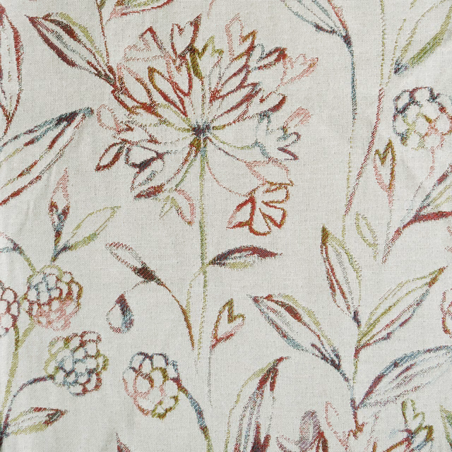 Cream woven floral fabric with warm orange, red and sage botanical stems