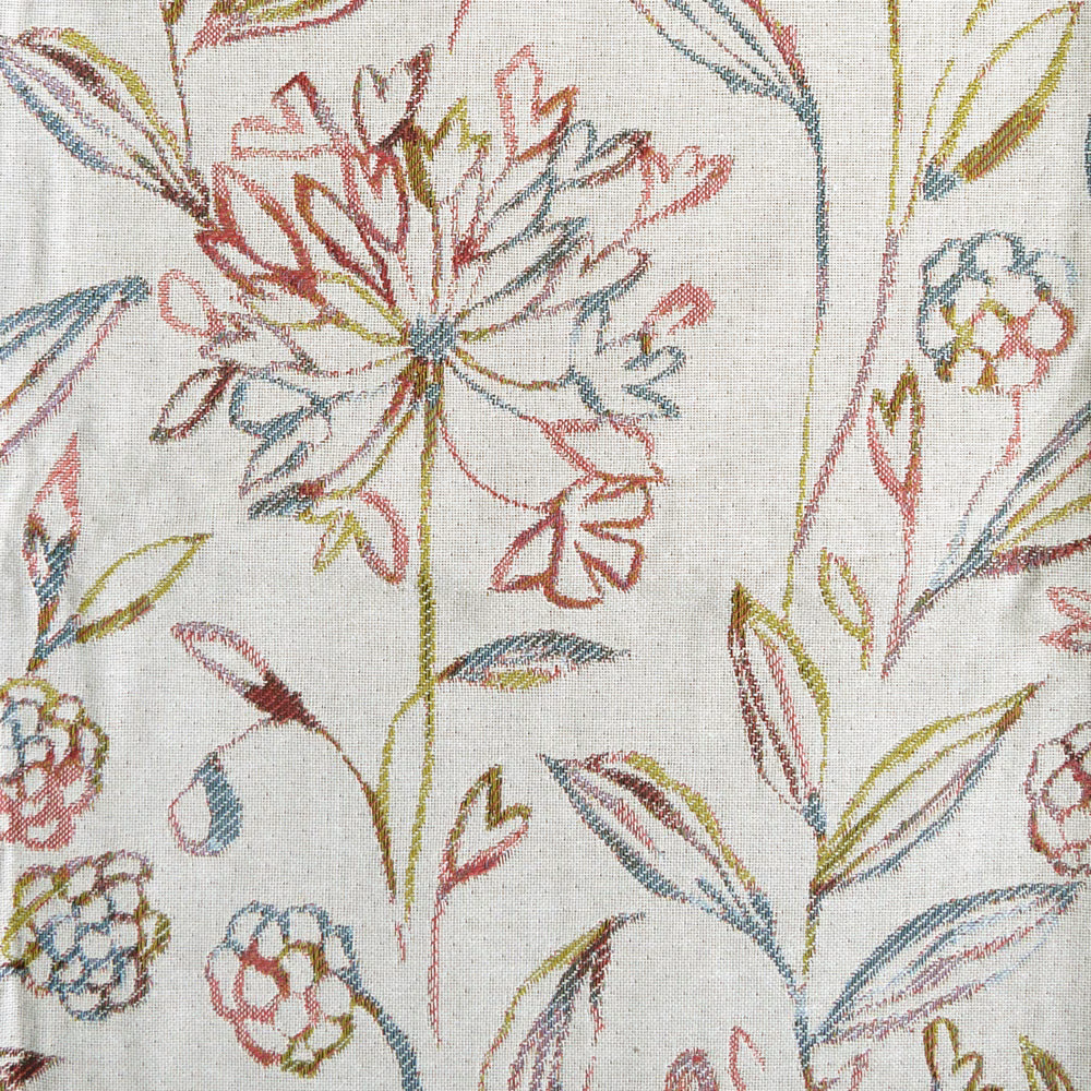 Pale floral woven fabric with muted pink, teal and olive embroidered-style stems