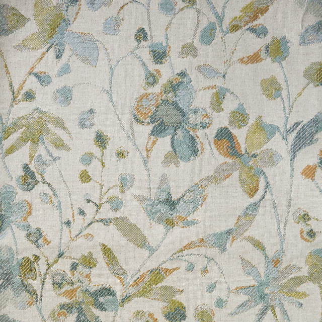 Pale botanical fabric swatch with soft blue, sage and ochre trailing leaves