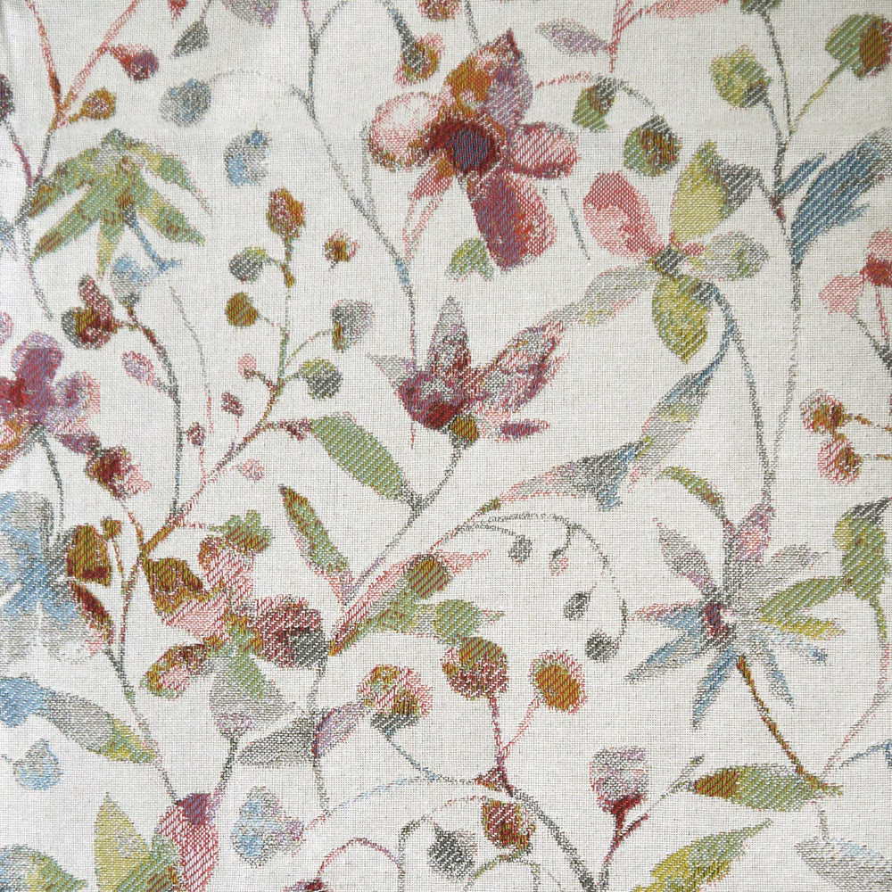 Blush botanical woven fabric with trailing leaves and flowers on an ivory ground