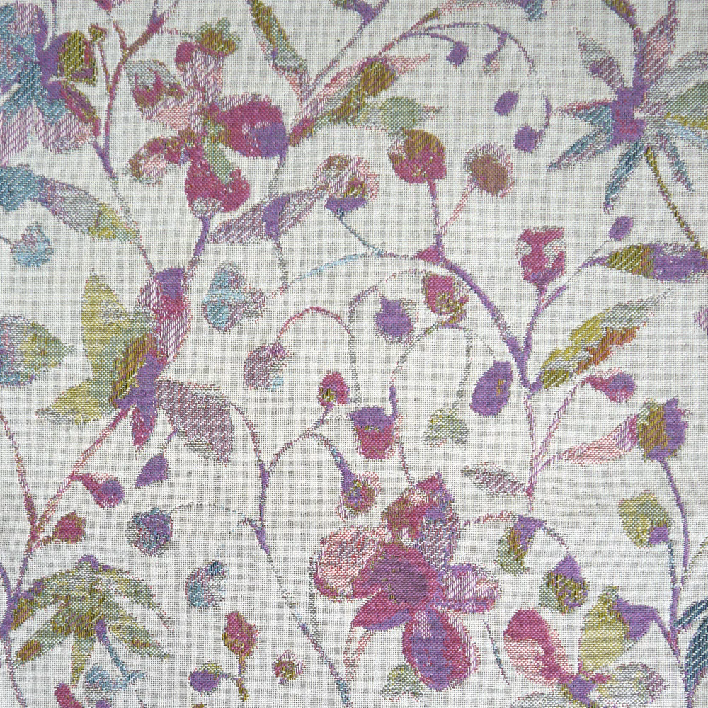 Pale woven floral fabric with lilac, sage and plum leaves on an ivory ground