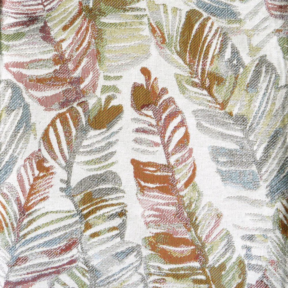 Painterly multi-coloured leaf pattern on a pale woven fabric ground