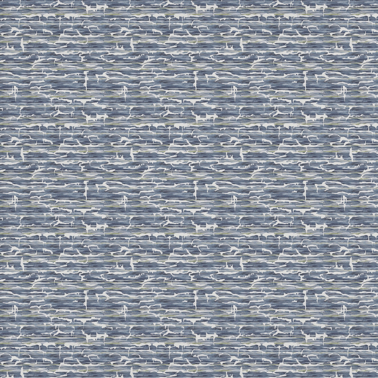 Blue abstract woven fabric with ivory linear marks and a textured mid-weight surface