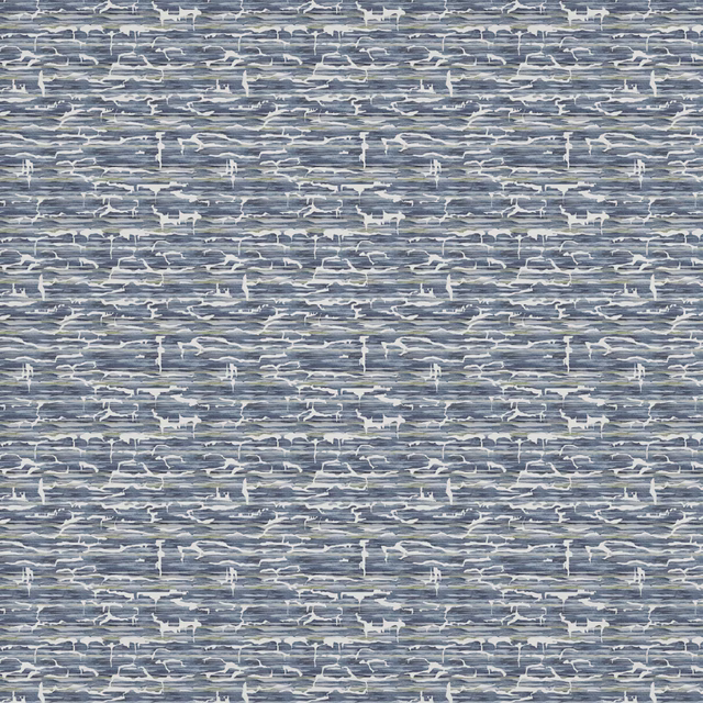 Blue abstract woven fabric with ivory linear marks and a textured mid-weight surface
