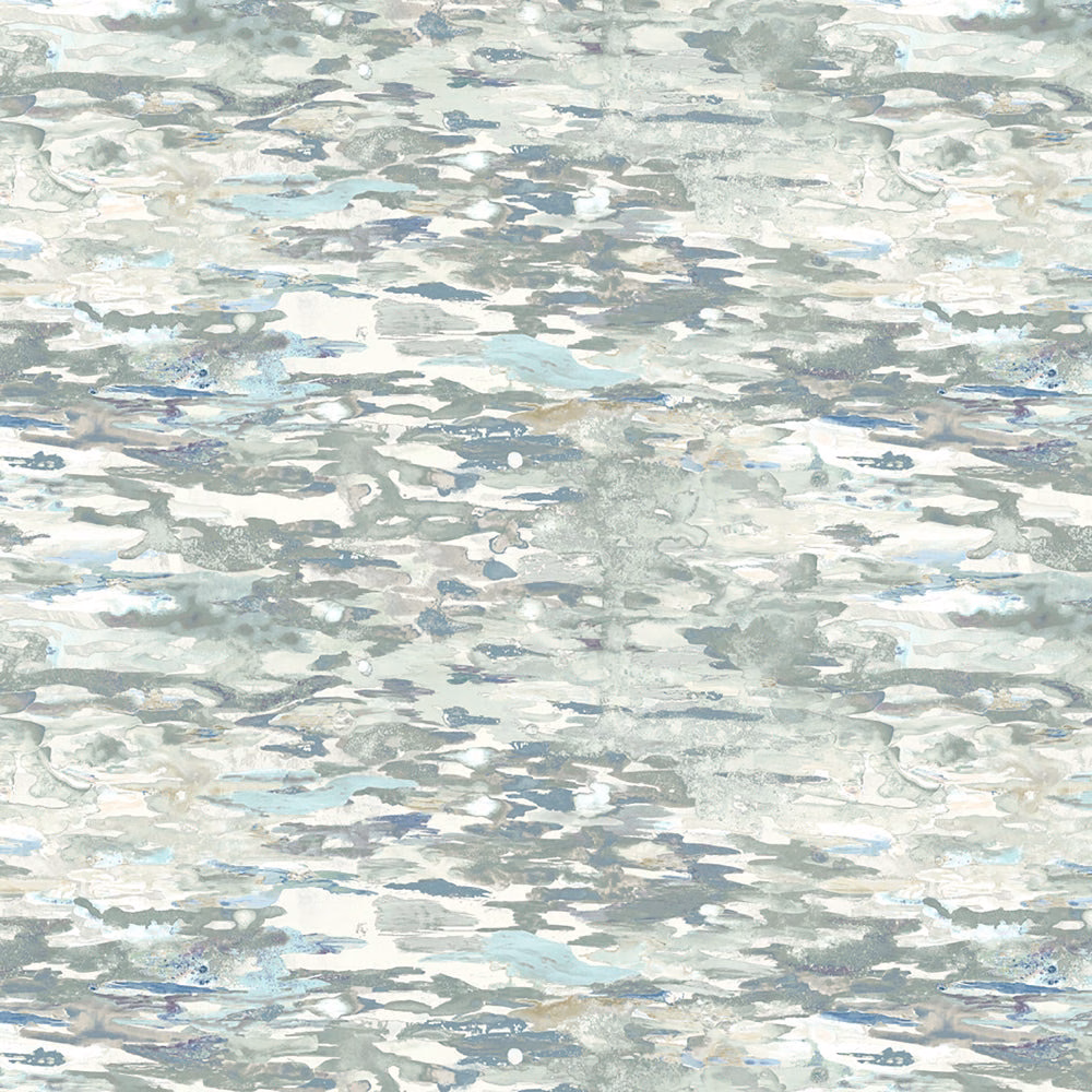 Abstract painterly fabric in misty grey, pale blue and white brush marks