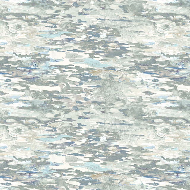 Abstract painterly fabric in misty grey, pale blue and white brush marks