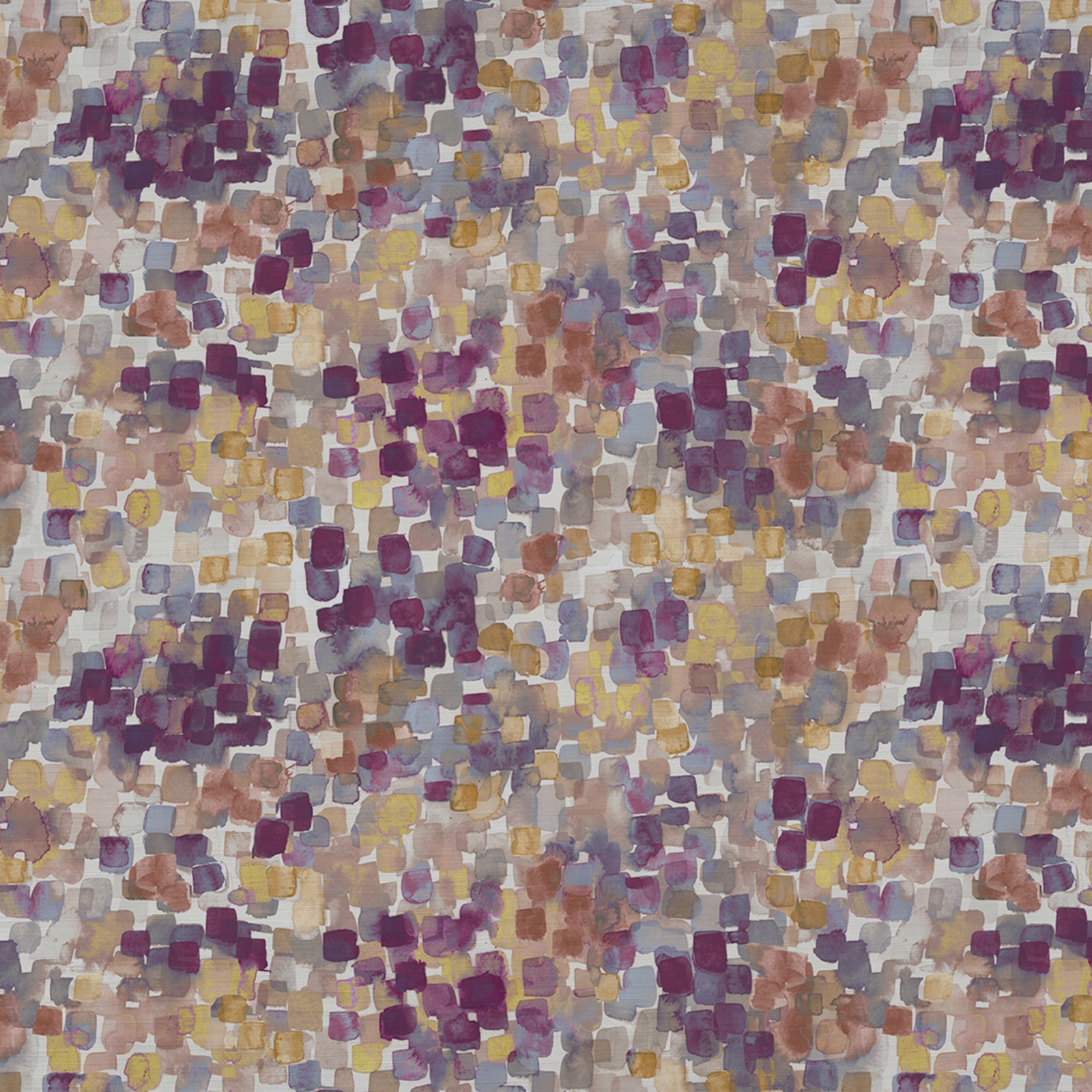 Abstract woven fabric with mulberry, blush, taupe and soft yellow brush-square pattern