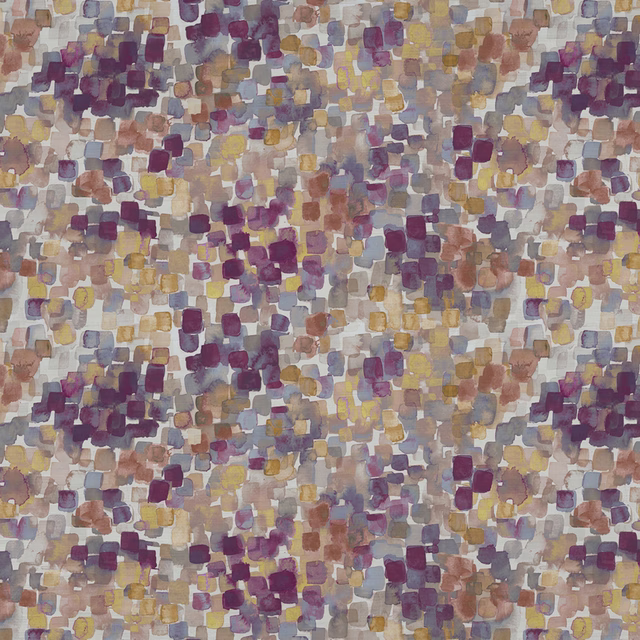 Abstract woven fabric with mulberry, blush, taupe and soft yellow brush-square pattern