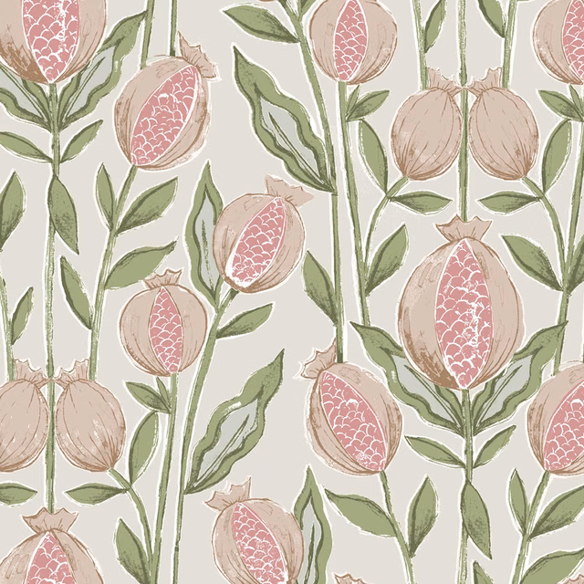 Printed botanical fabric with beige pods, pink seed heads and sage green stems