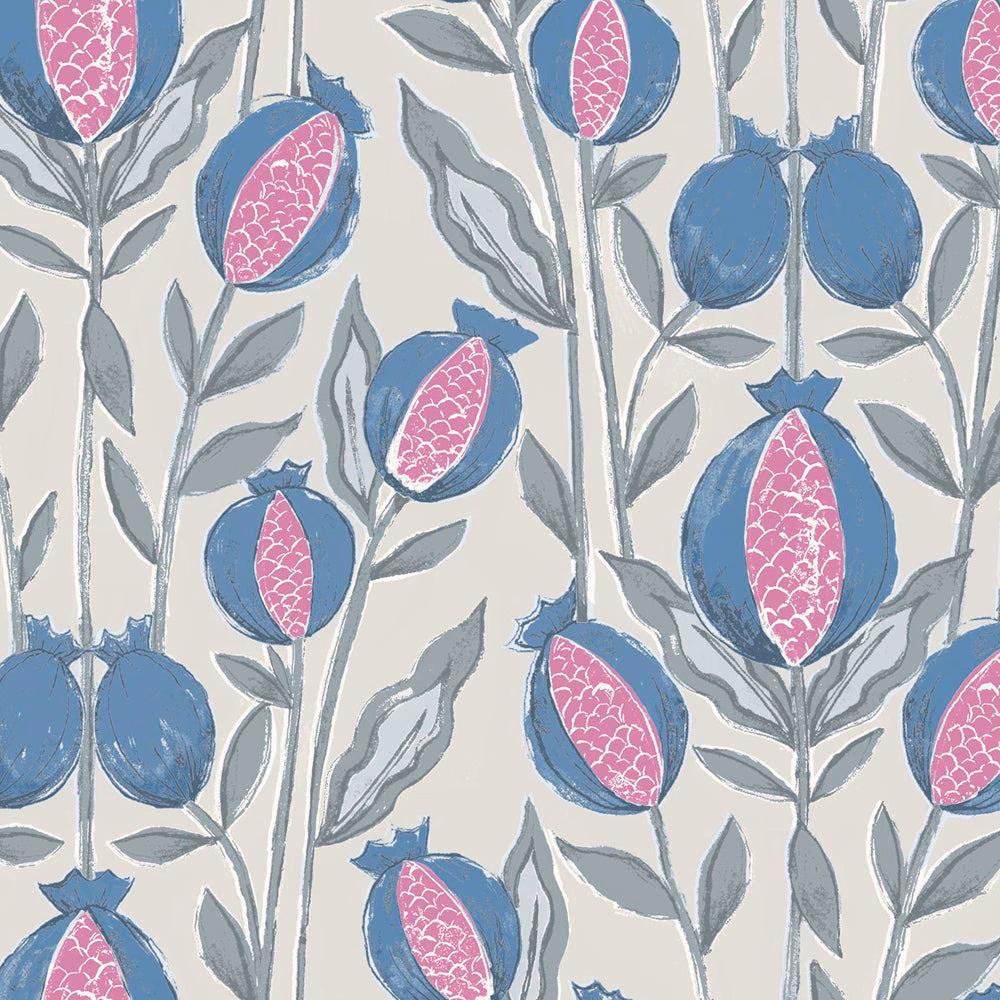 Blue and pink botanical fabric swatch with grey-green leaves on ivory