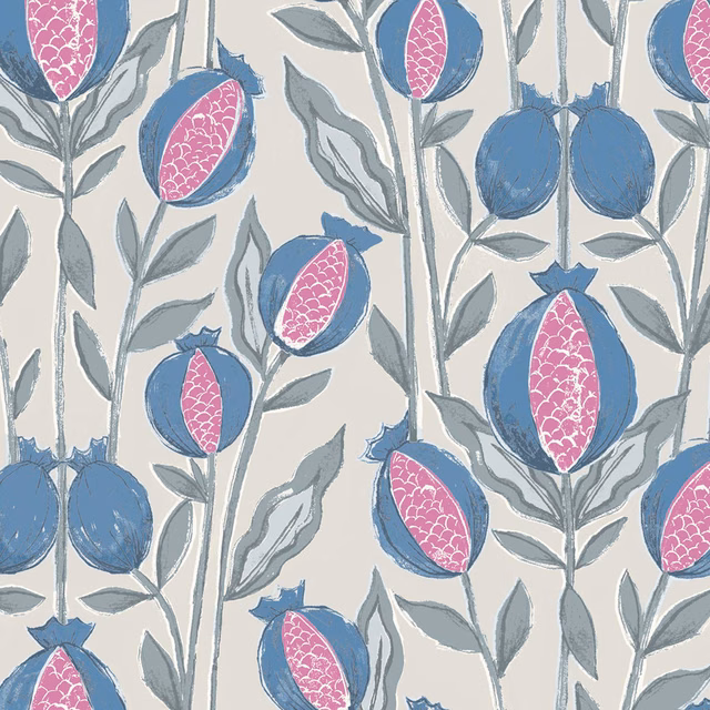 Blue and pink botanical fabric swatch with grey-green leaves on ivory
