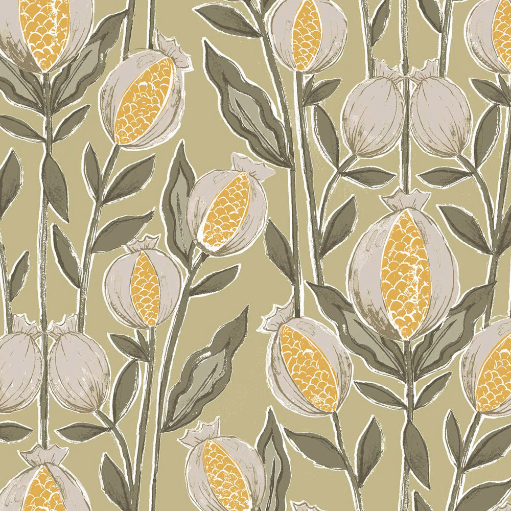 Sage green botanical cotton fabric with cream pods and ochre centres