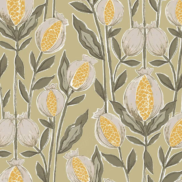 Sage green botanical cotton fabric with cream pods and ochre centres