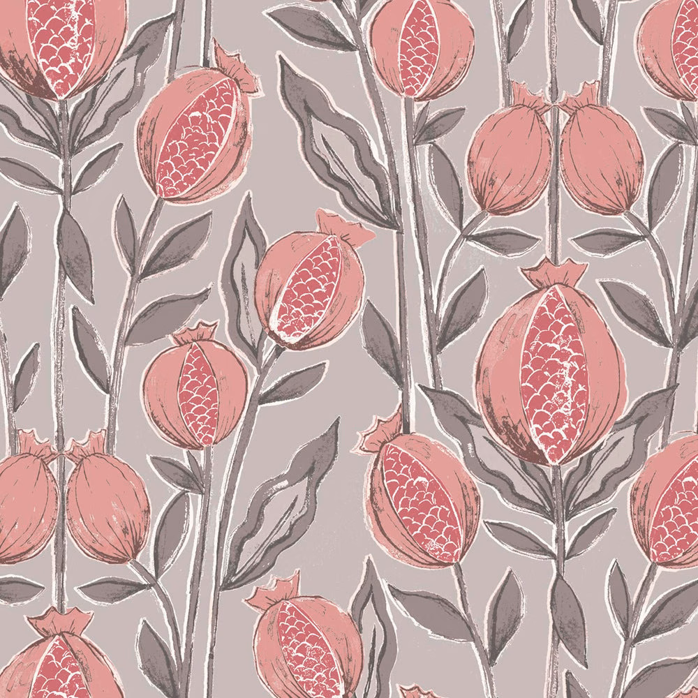 Pink pomegranate botanical fabric swatch with grey leaves on a soft taupe ground