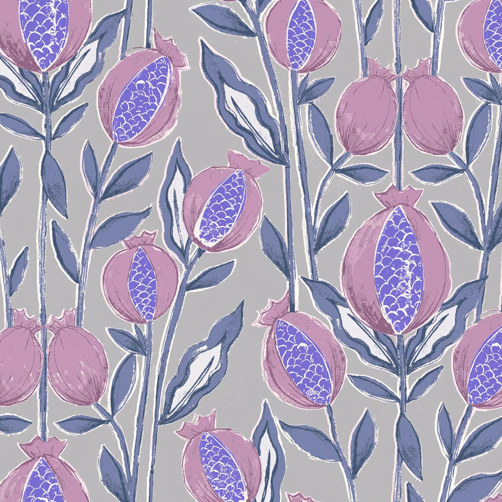 Painterly lilac and violet botanical fabric with slate-blue leaves on a grey ground