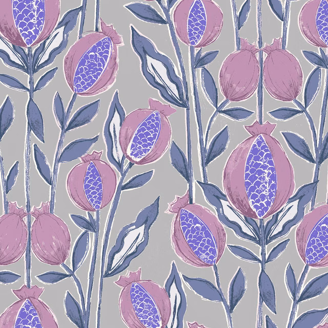 Painterly lilac and violet botanical fabric with slate-blue leaves on a grey ground