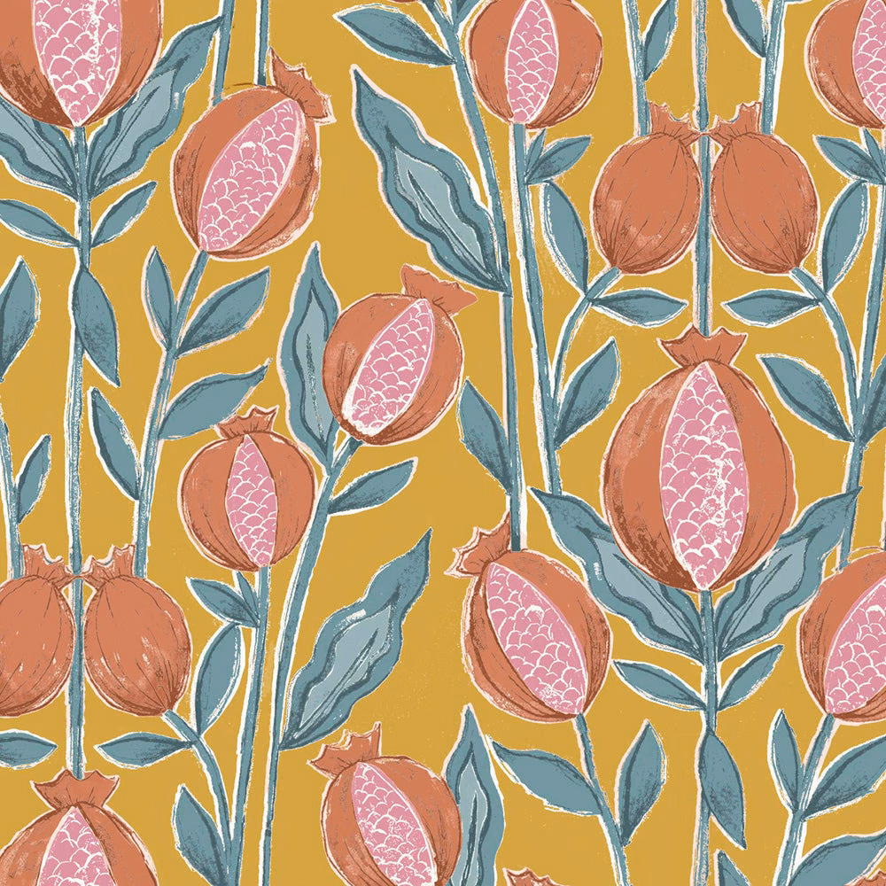 Mustard-yellow botanical fabric with coral pods and blue-green leaves