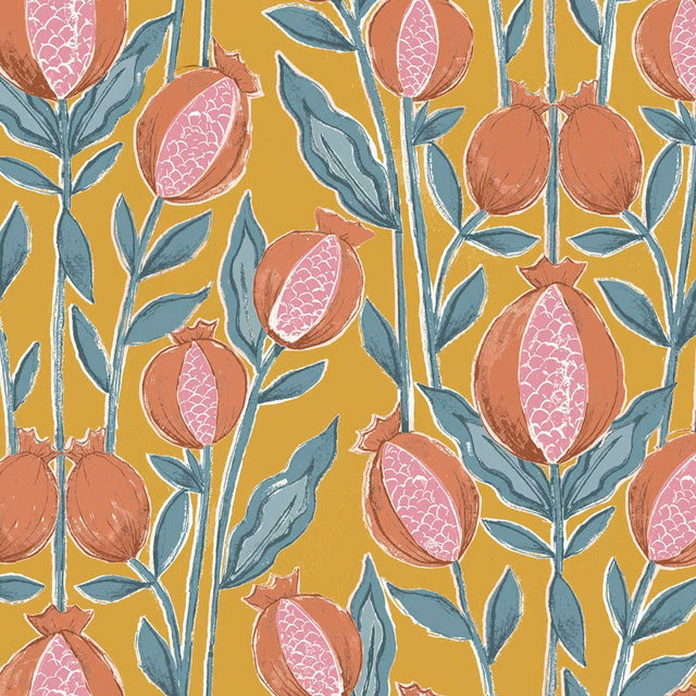 Mustard-yellow botanical fabric with coral pods and blue-green leaves