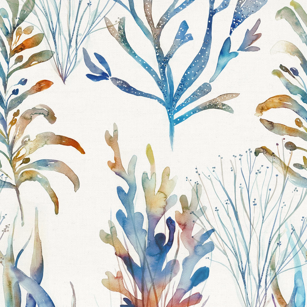 Watercolour botanical fabric with large coral-like leaves in blue, aqua and soft ochre on a pale ground