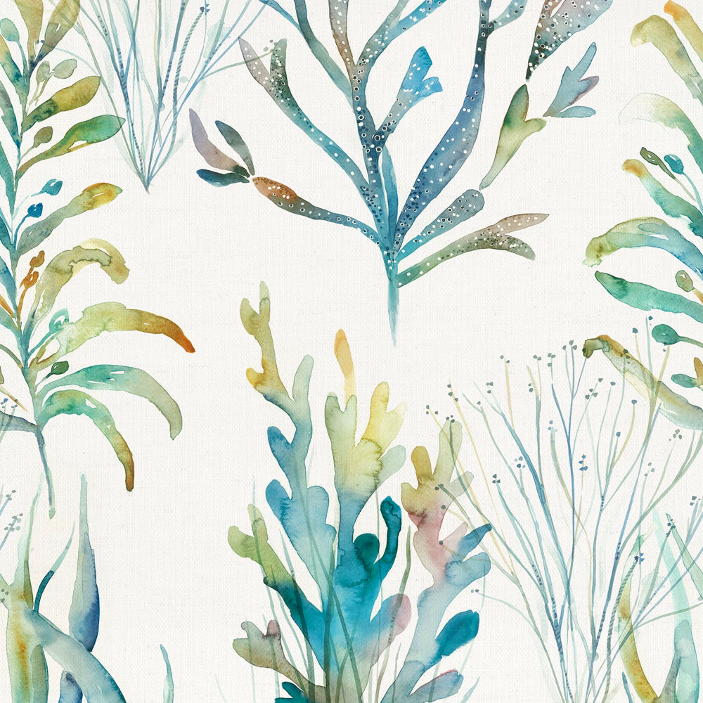 Painterly seaweed botanical print in seafoam, teal and lime on a pale cream cotton ground