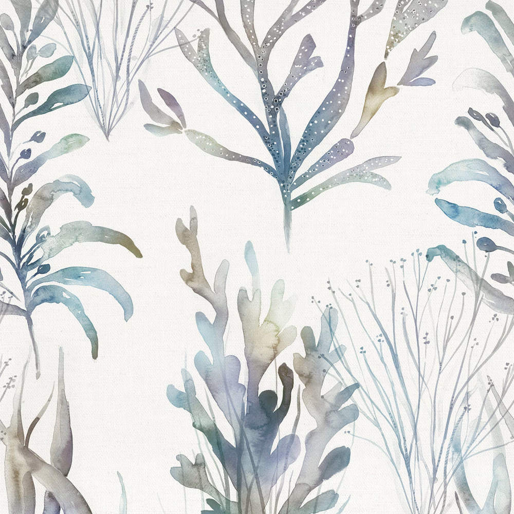 Pale cotton fabric with large watery botanical leaves in blue-grey, aqua and sage
