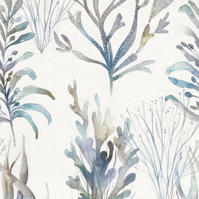 Pale cotton fabric with large watery botanical leaves in blue-grey, aqua and sage