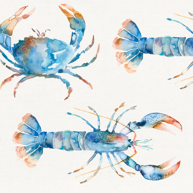 Watercolour blue crab and lobster motif on a pale cotton ground