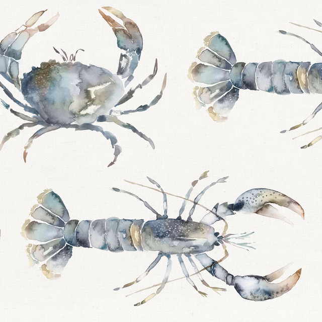 Watercolour grey crab and lobster print on a pale cotton ground