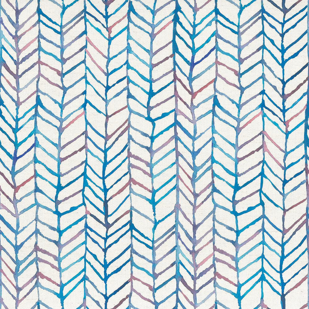 Ivory cotton fabric with turquoise and lilac chevron fishing-net motif