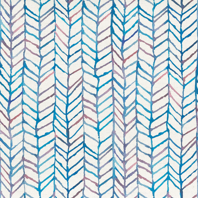 Ivory cotton fabric with turquoise and lilac chevron fishing-net motif
