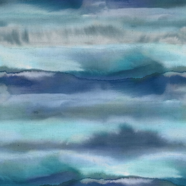 Swatch of abstract fjord blue cotton fabric with misty aqua and slate bands