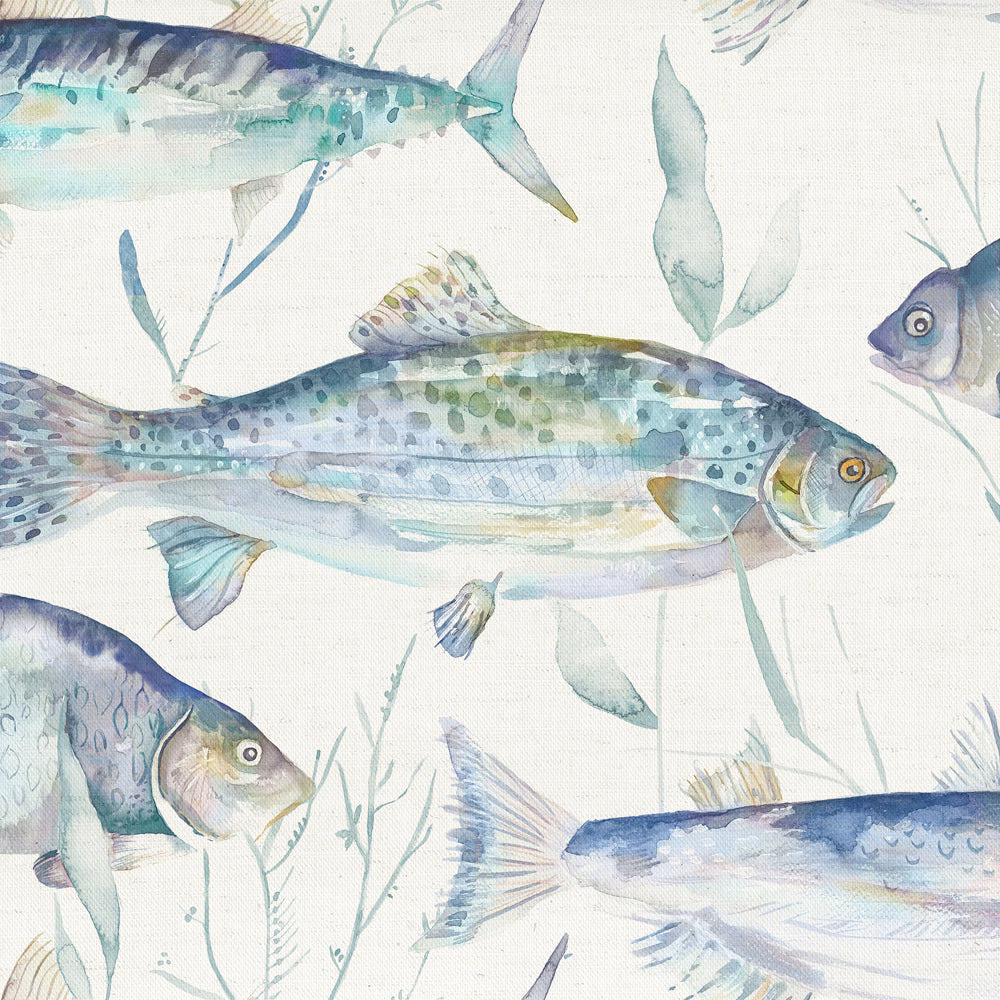 Watercolour fish and seaweed print in soft aqua, blue and lilac on a pale ground