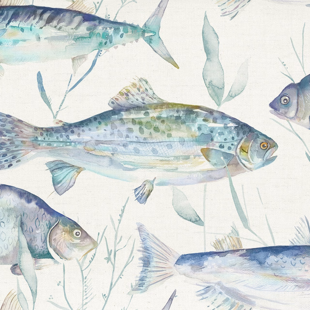 Watercolour fish and seaweed print in soft aqua, blue and lilac on a pale ground
