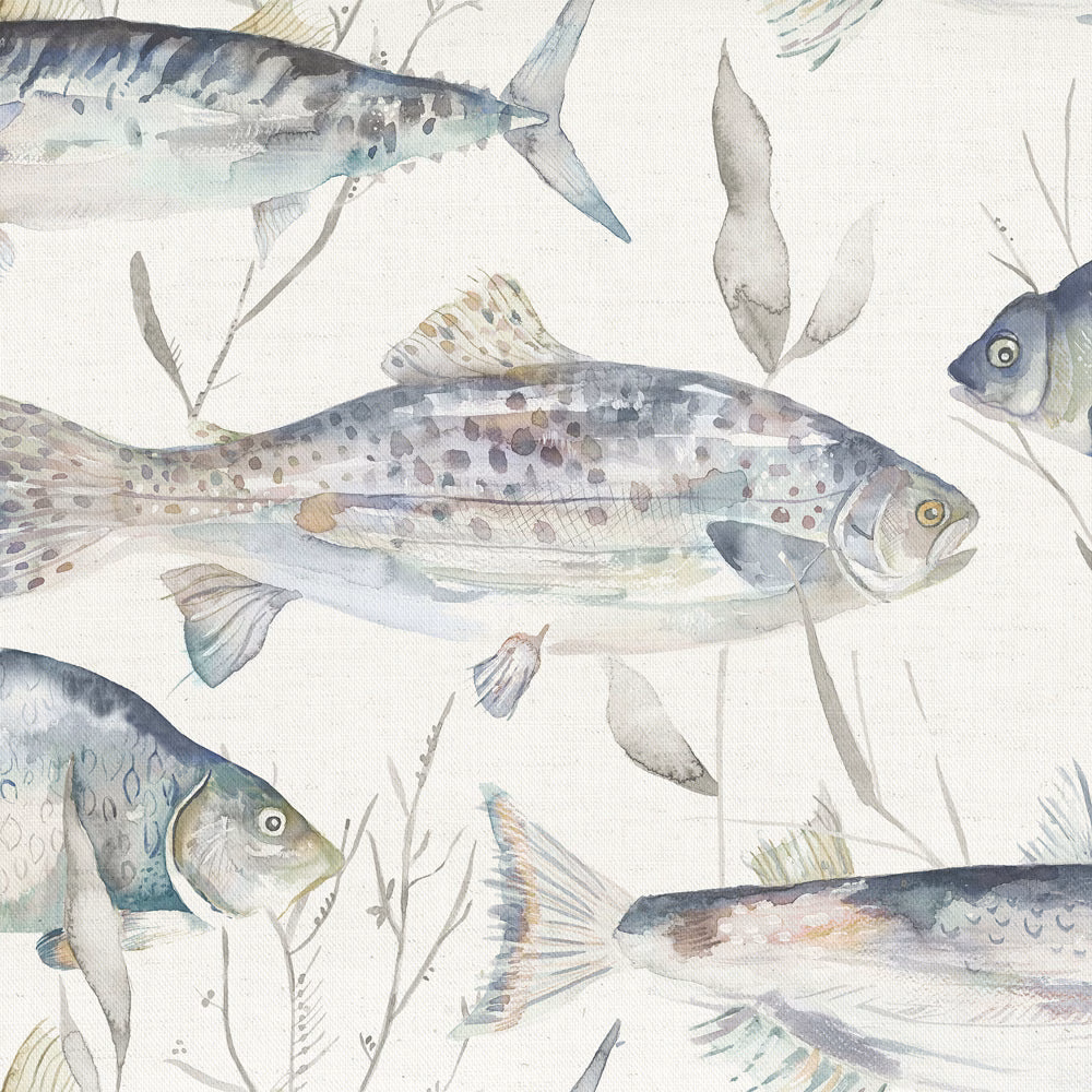 Watercolour fish print on ivory cotton fabric with soft grey and blue-green tones